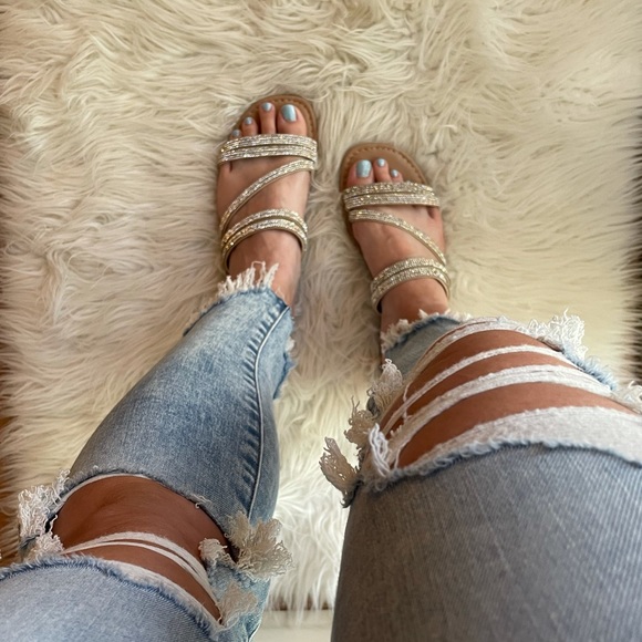 Square Toe Rhinestone Criss Cross Strap Sandals - Picture 10 of 16